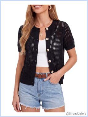 Crochet Cardigan Short Sleeve Button Front Open Knit Sweater